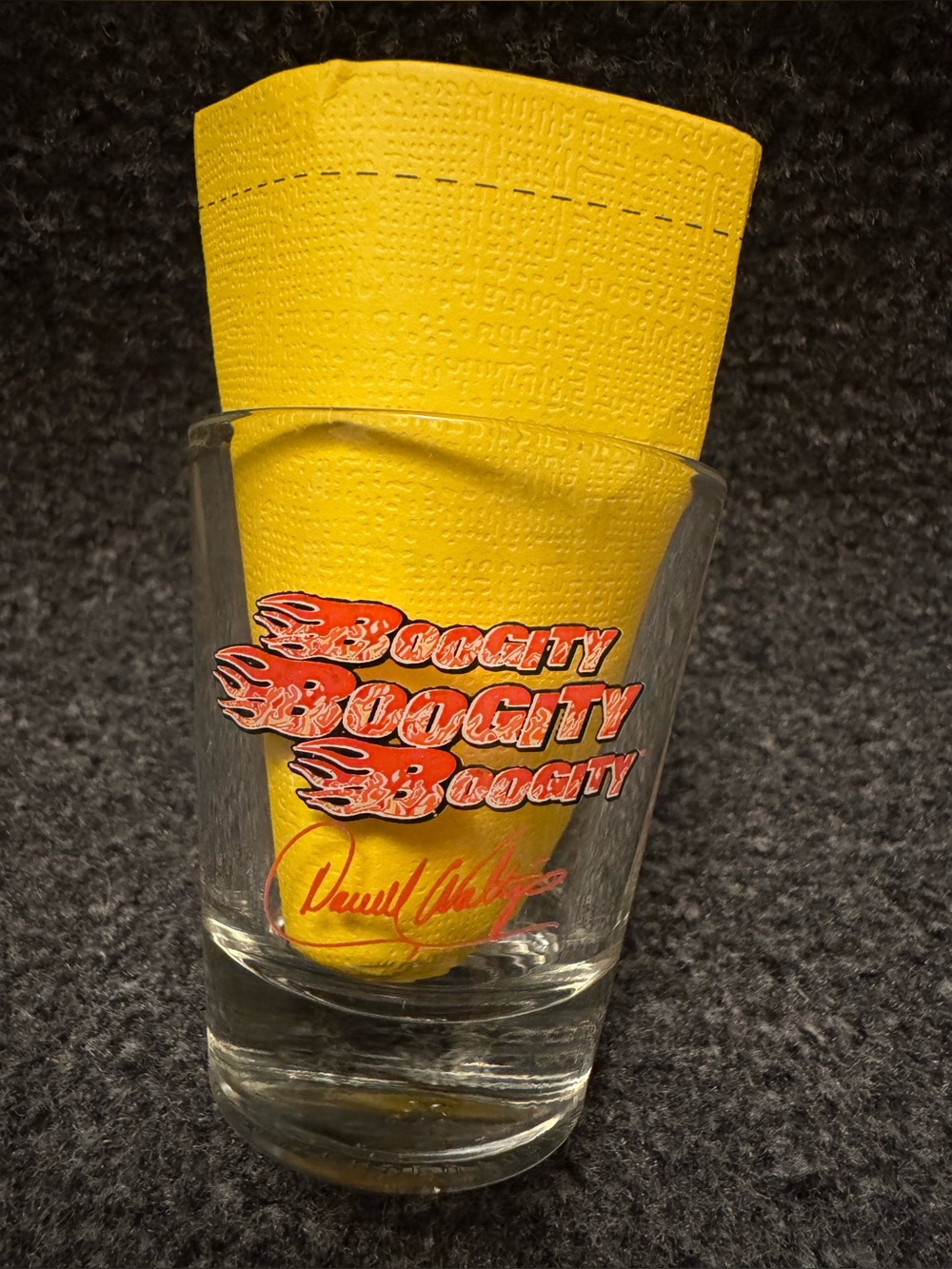Vintage Darrell Waltrip NASCAR Shot Glass Boogity Boogity Boogity Signed Graphic